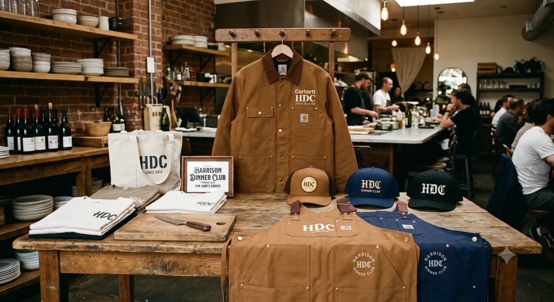 HDC merchandise laid out on a wooden table: a Carhartt chore coat, canvas tote, folded tees, trucker caps, and aprons, each carrying the Harrison Dinner Club mark.